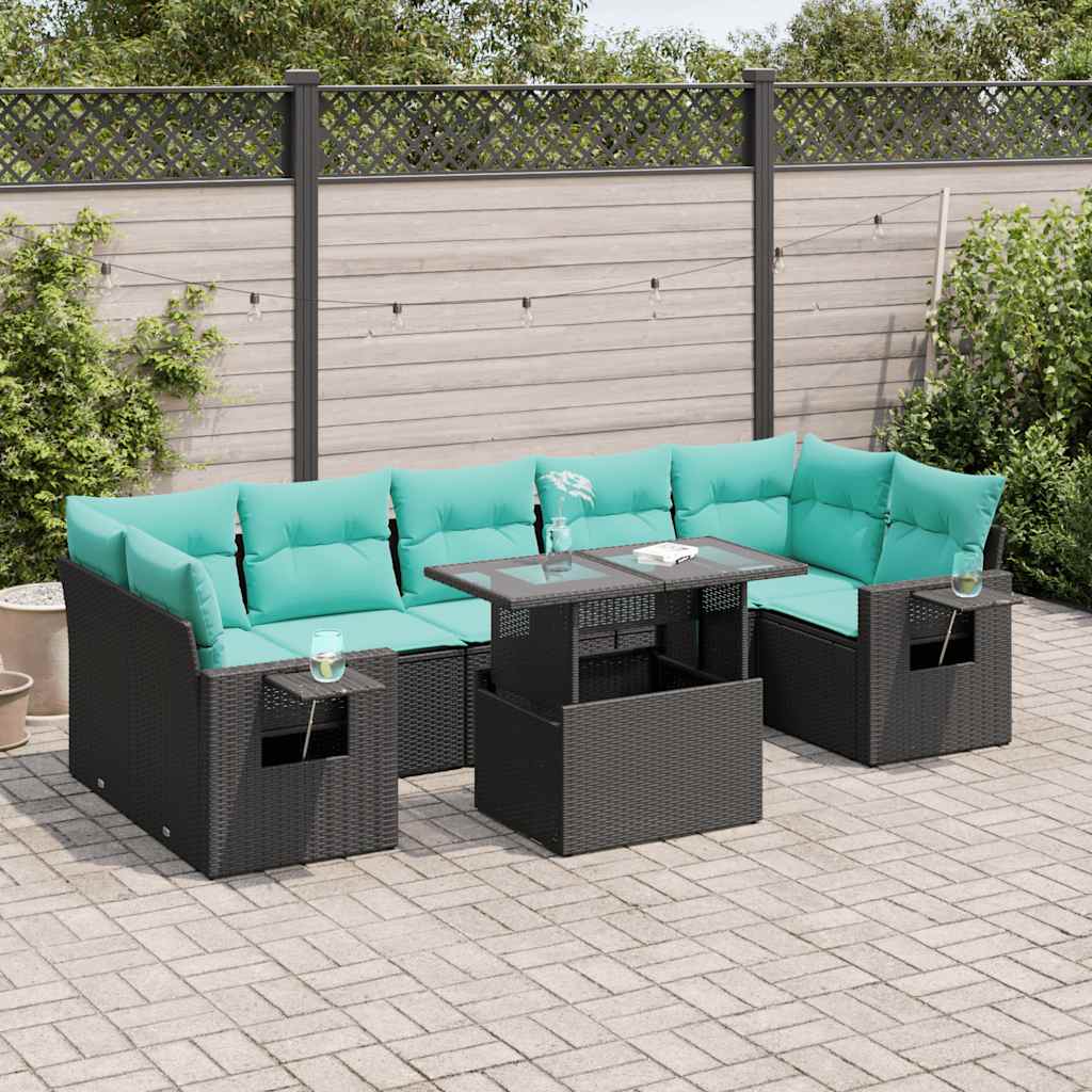 Salon de jardin 8pcs avec coussins noir résine tressée acacia