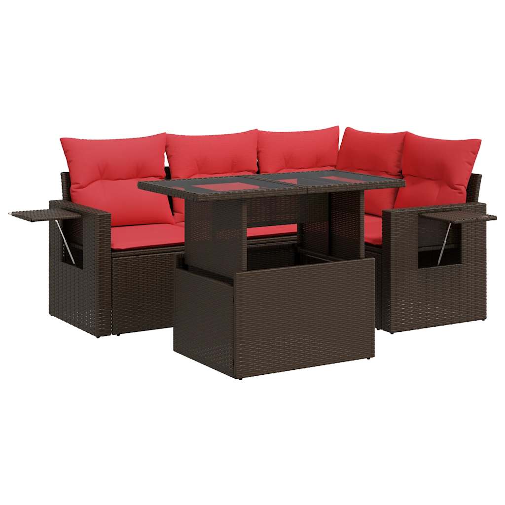 Salon de jardin 5 pcs avec coussins marron résine tressée acacia