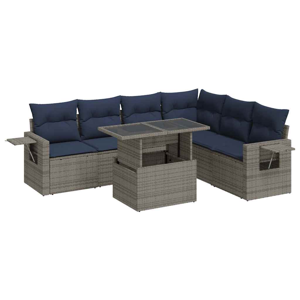 Salon de jardin avec coussins 7 pcs gris résine tressée