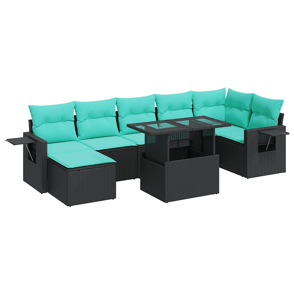 Salon de jardin avec coussins 8 pcs noir résine tressée acacia