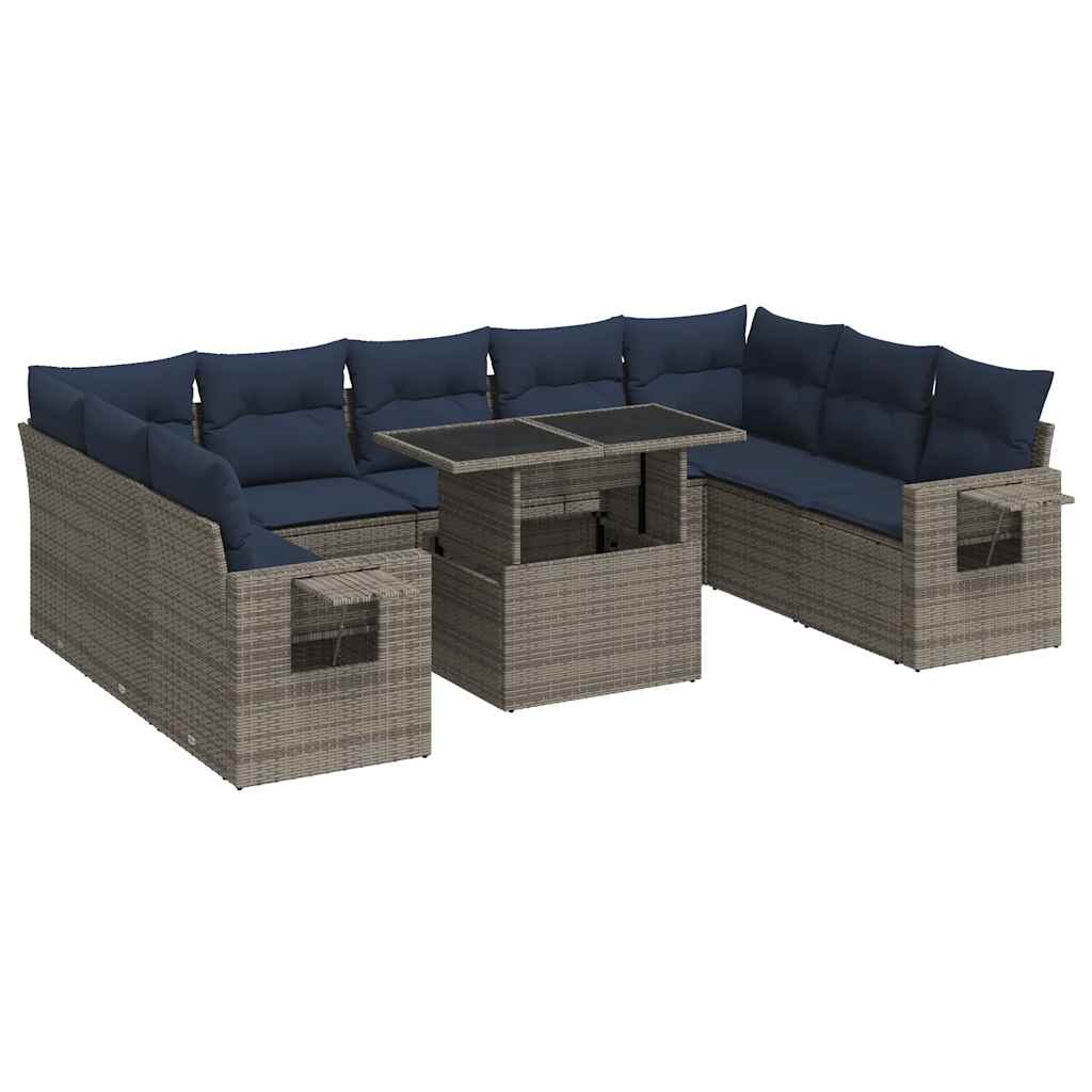 Salon de jardin avec coussins 10 pcs gris résine tressée acacia