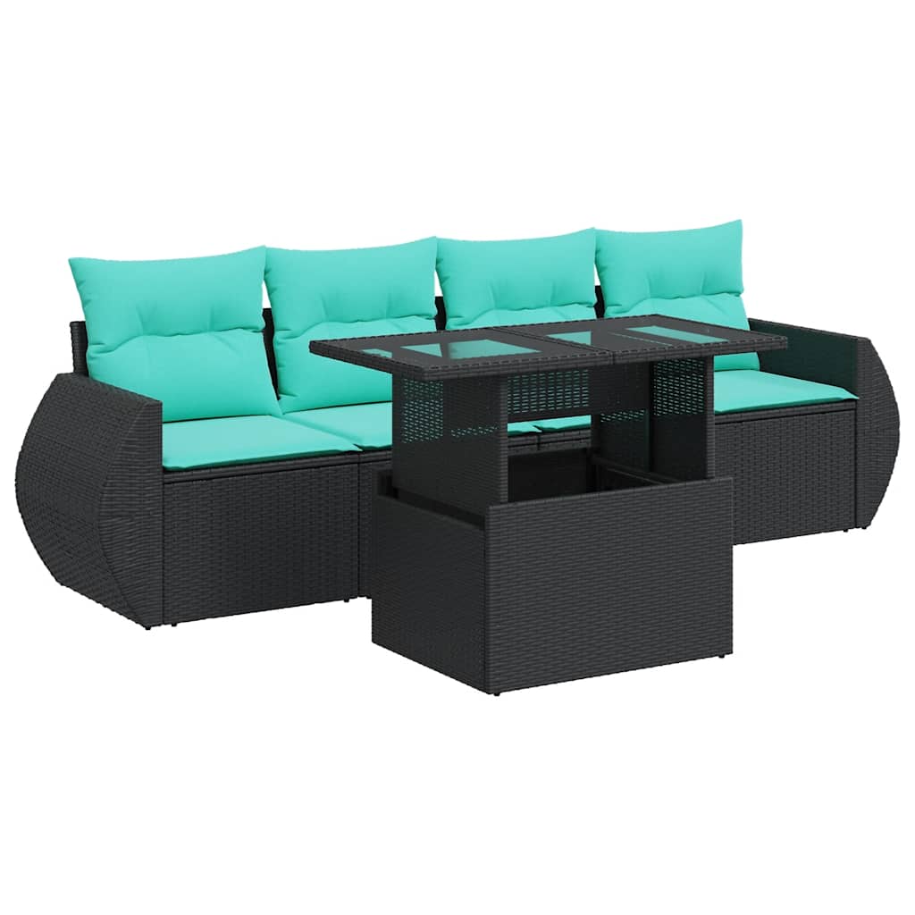 Salon de jardin 5 pcs avec coussins noir résine tressée acacia
