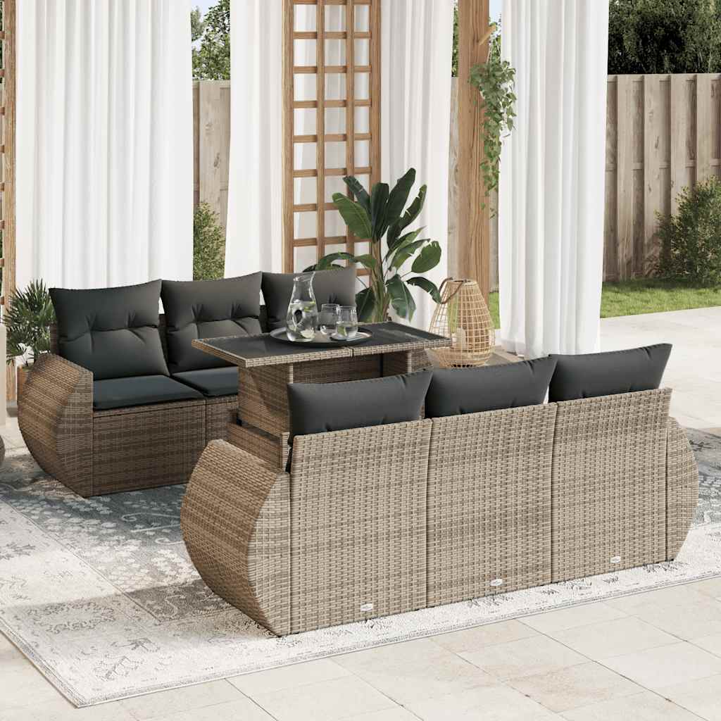 Salon de jardin avec coussins 7 pcs gris résine tressée