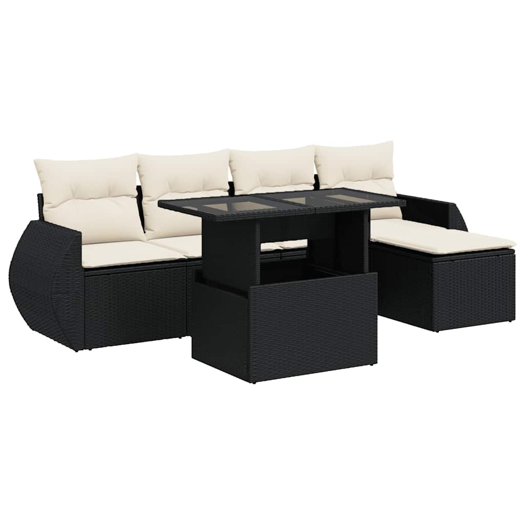 Salon de jardin 6 pcs avec coussins noir résine tressée