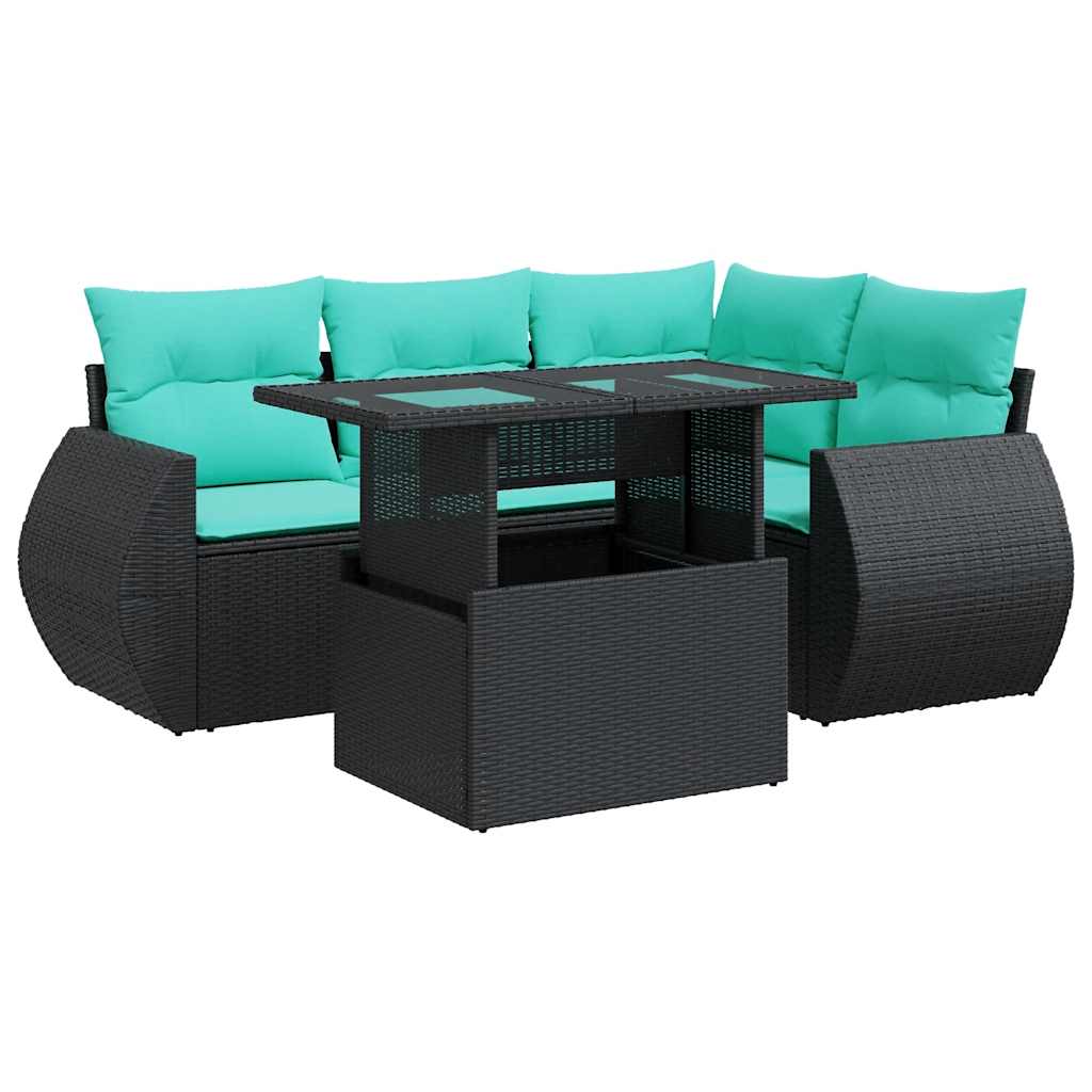 Salon de jardin 5 pcs avec coussins noir résine tressée acacia