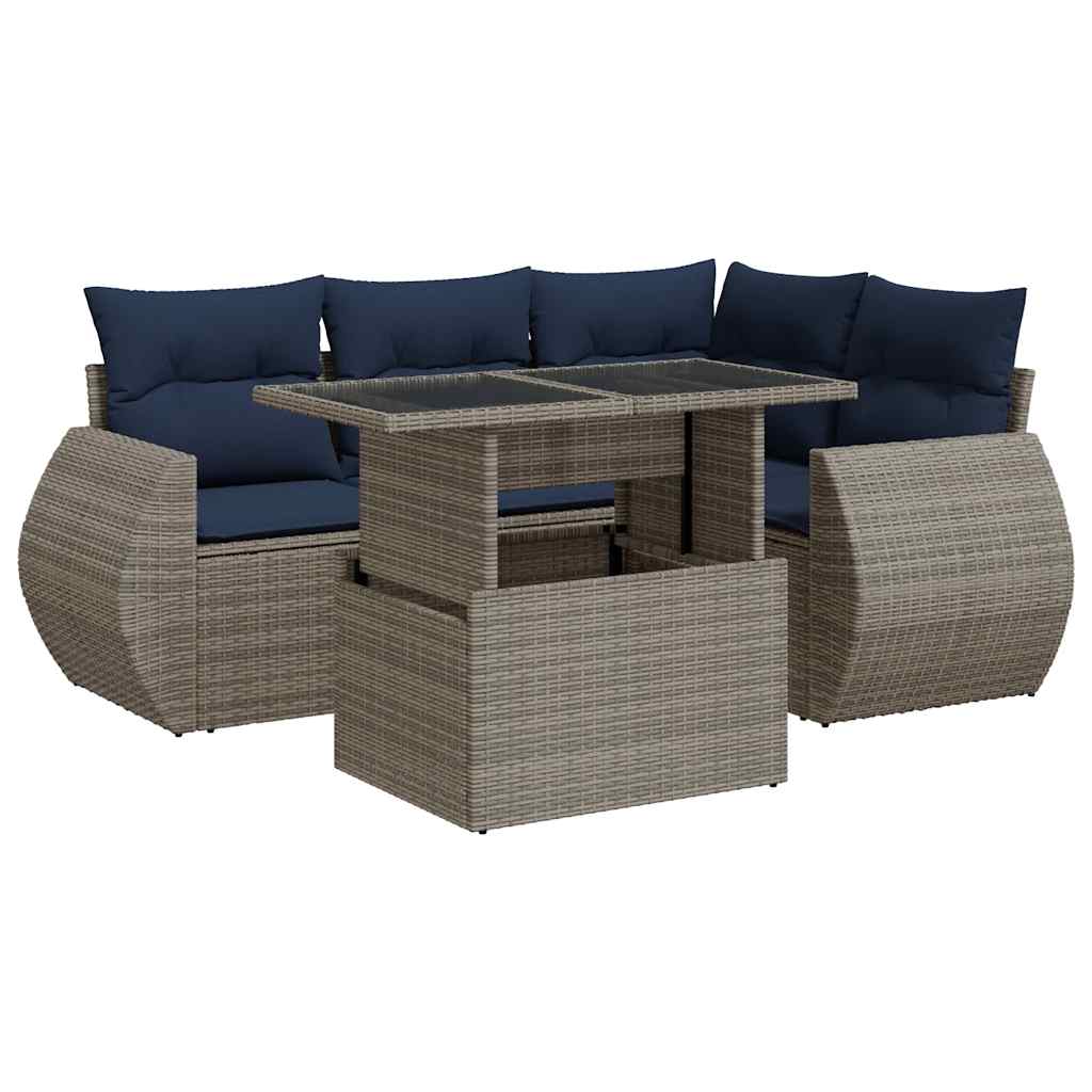 Salon de jardin 5 pcs avec coussins gris résine tressée acacia