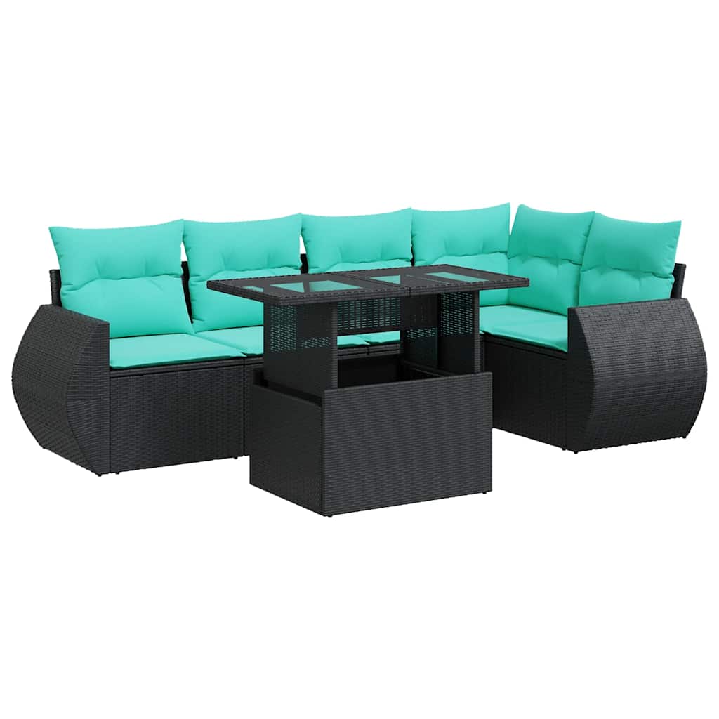 Salon de jardin 6 pcs avec coussins noir résine tressée acacia