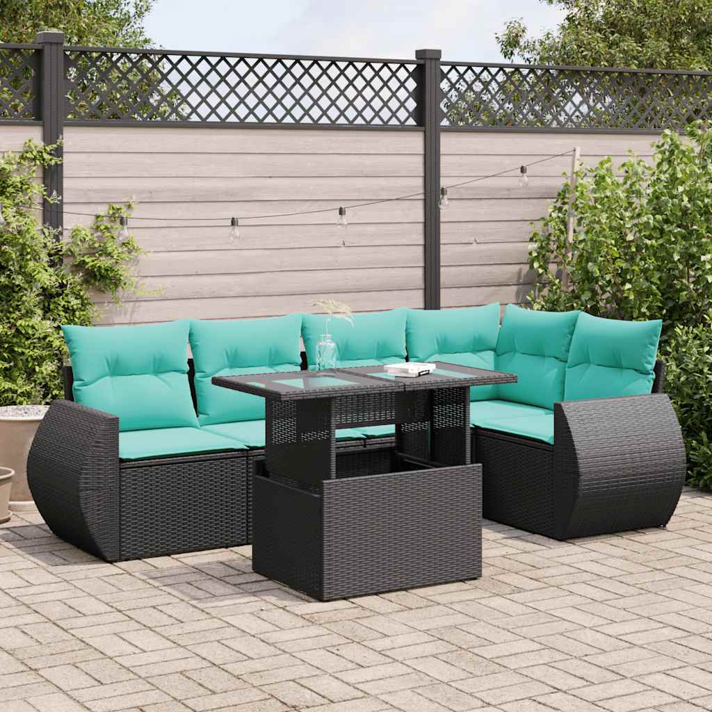 Salon de jardin 6 pcs avec coussins noir résine tressée acacia