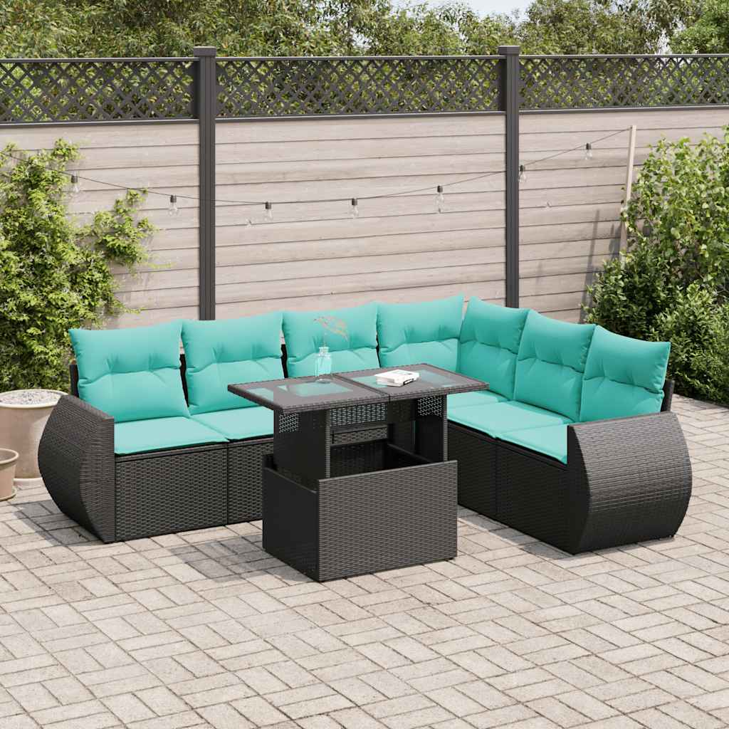 Salon de jardin avec coussins 7 pcs noir résine tressée acacia