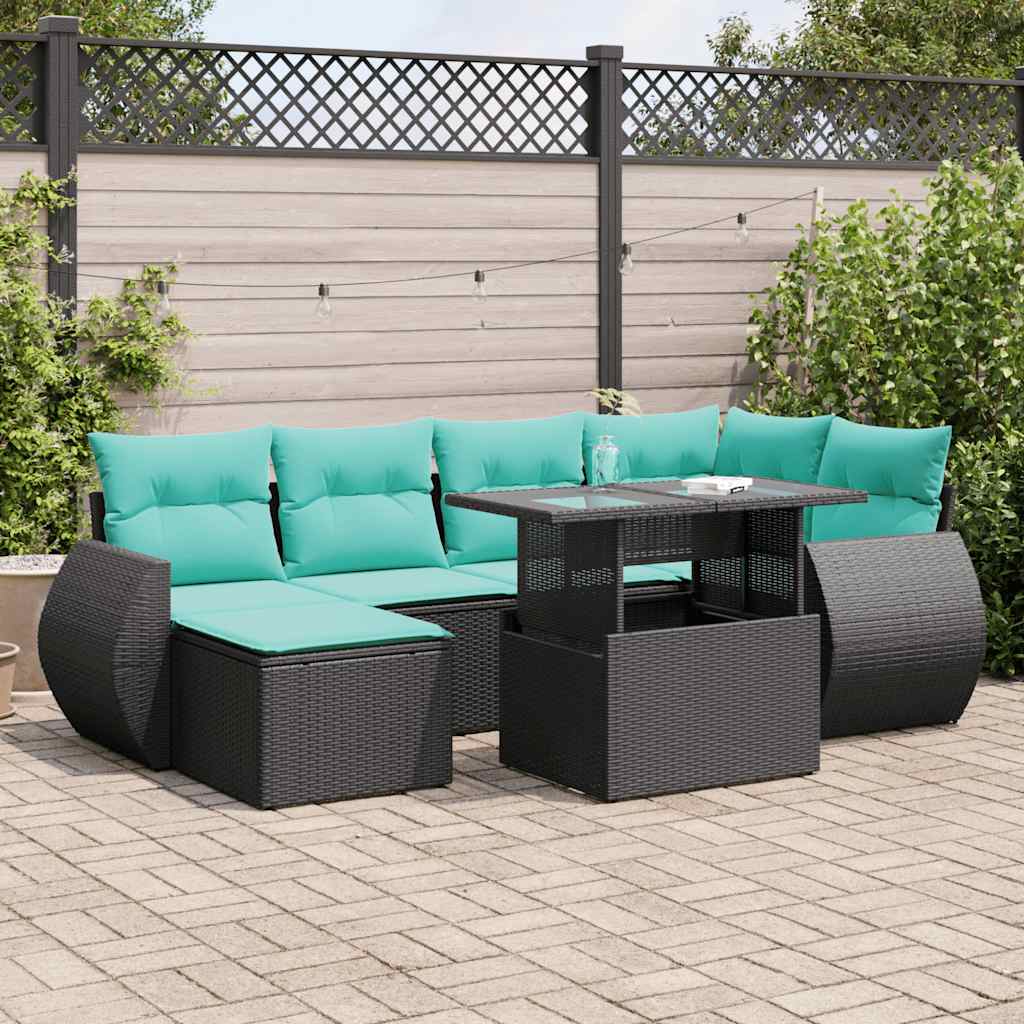 Salon de jardin avec coussins 7 pcs noir résine tressée acacia