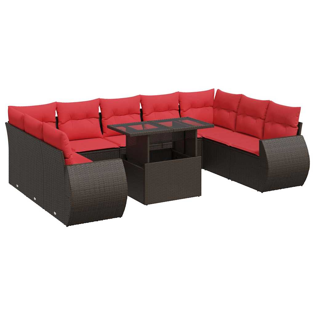 Salon de jardin 10 pcs et coussins marron résine tressée acacia