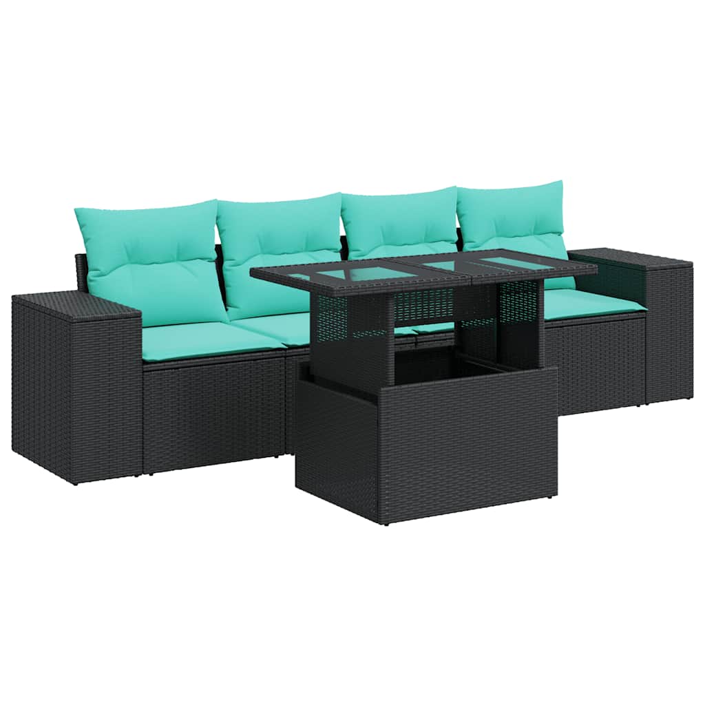 Salon de jardin 5 pcs avec coussins noir résine tressée acacia