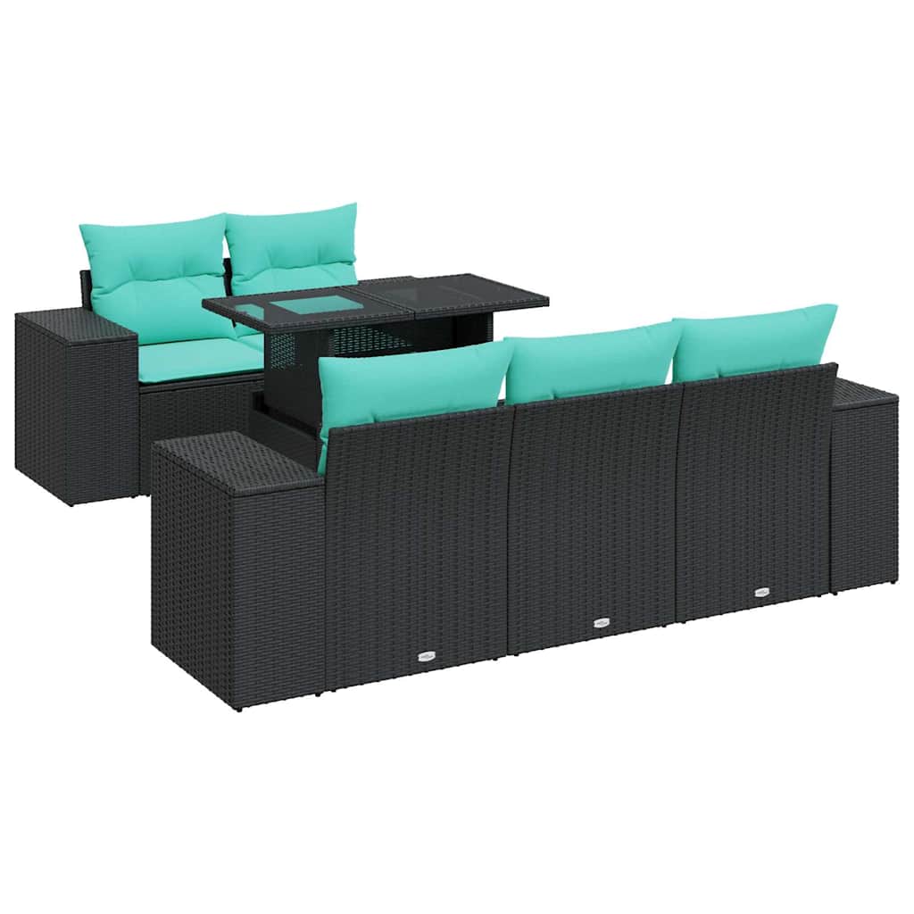 Salon de jardin 6 pcs avec coussins noir résine tressée acacia