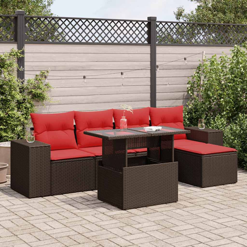 Salon de jardin avec coussins 6pcs marron résine tressée acacia