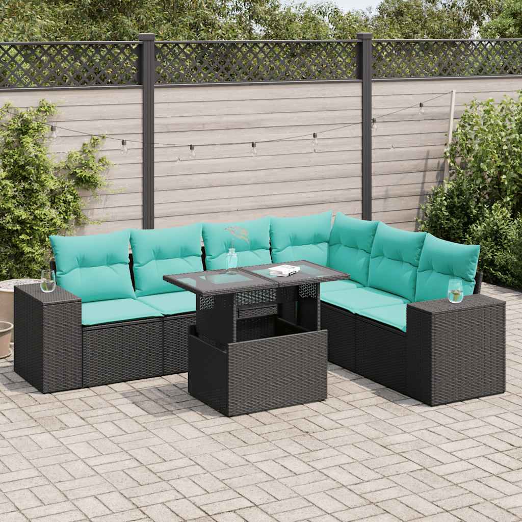 Salon de jardin 7 pcs avec coussins noir résine tressée acacia