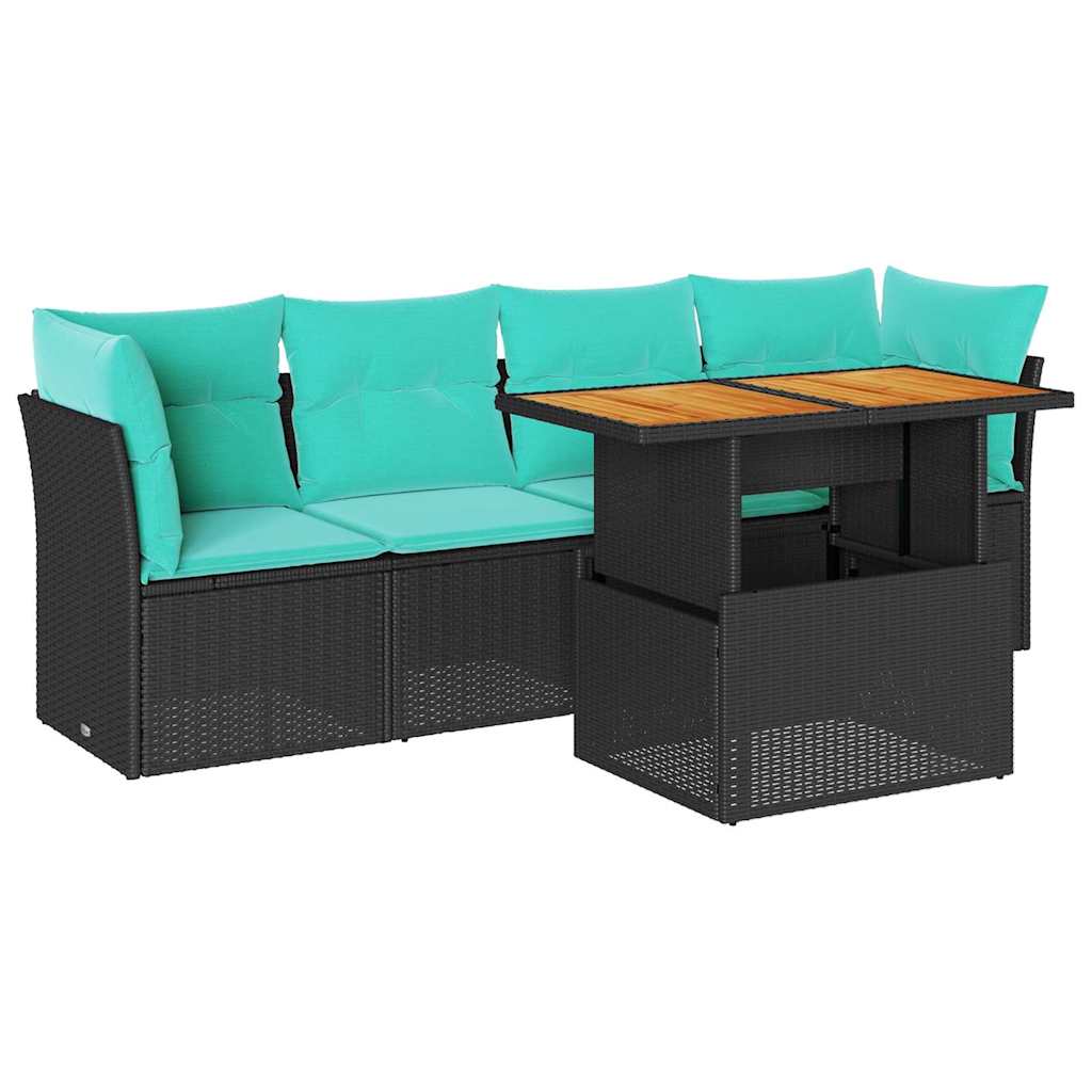 Salon de jardin 5 pcs avec coussins noir résine tressée