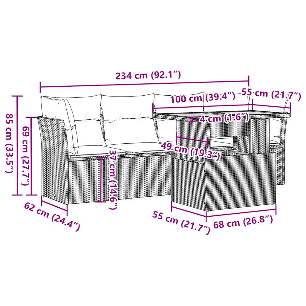 Salon de jardin avec coussins 5 pcs beige résine tressée