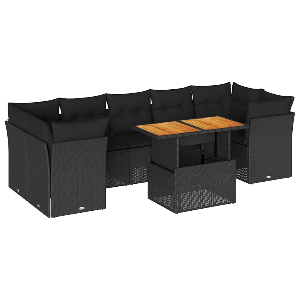 Salon de jardin 8 pcs avec coussins noir résine tressée