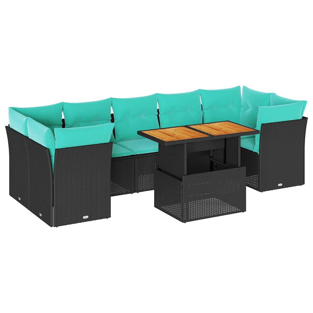 Salon de jardin 8 pcs avec coussins noir résine tressée
