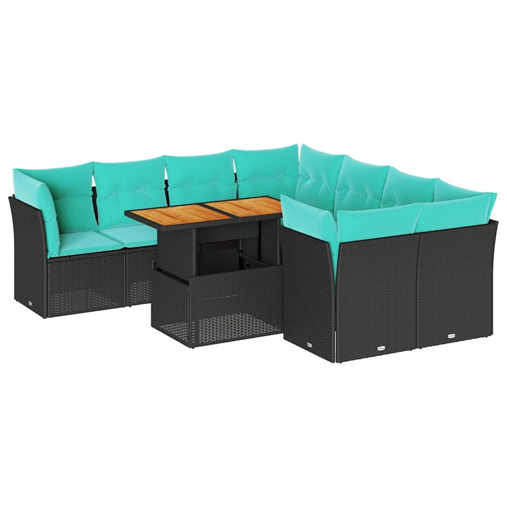 Salon de jardin 9 pcs avec coussins noir résine tressée