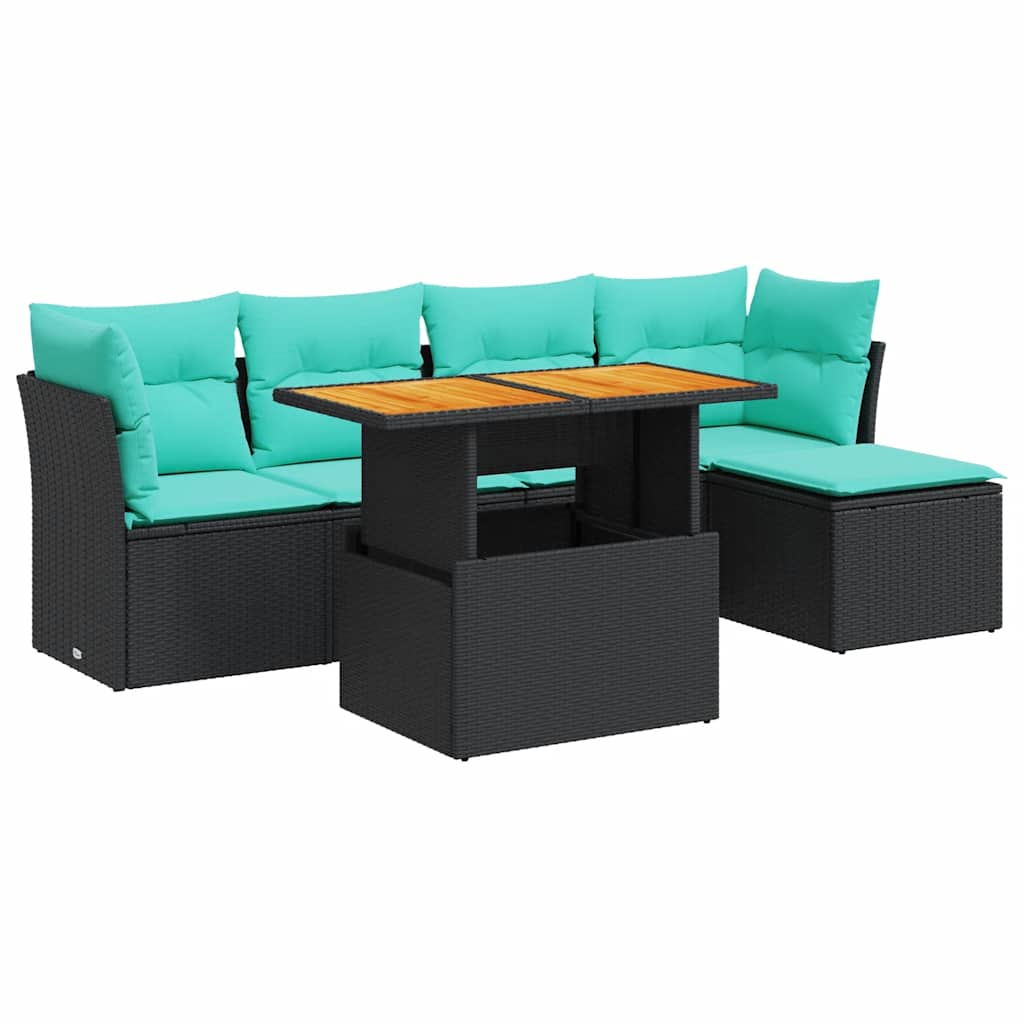 Salon de jardin 6 pcs avec coussins noir résine tressée