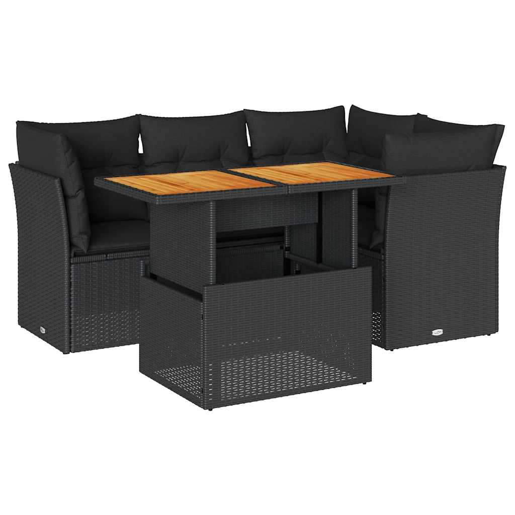 Salon de jardin 5 pcs avec coussins noir résine tressée