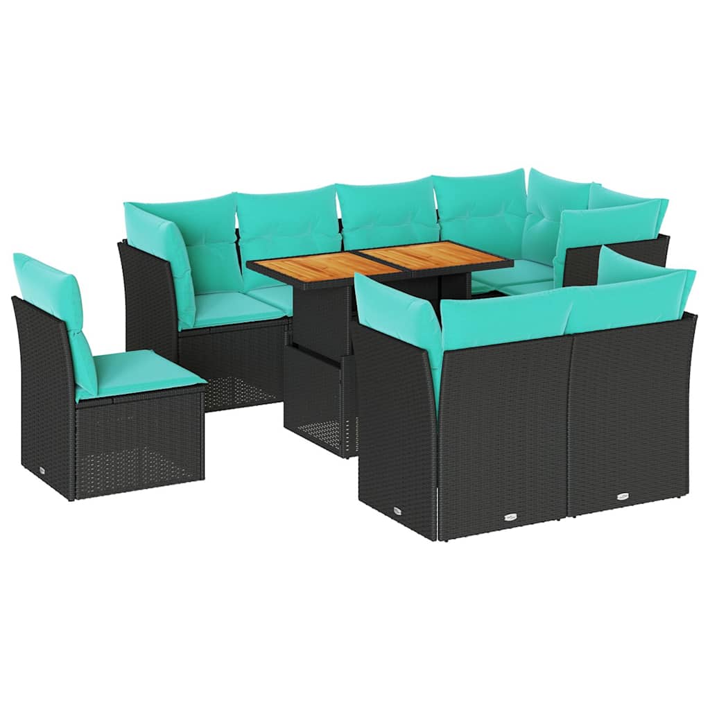 Salon de jardin 9 pcs avec coussins noir résine tressée