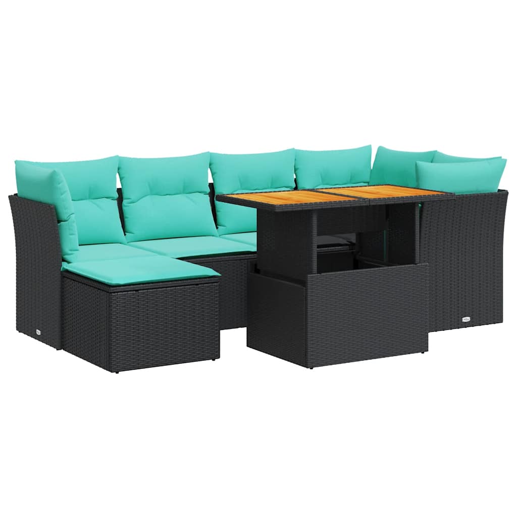 Salon de jardin 7 pcs avec coussins noir résine tressée