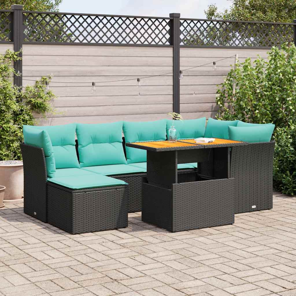 Salon de jardin 7 pcs avec coussins noir résine tressée