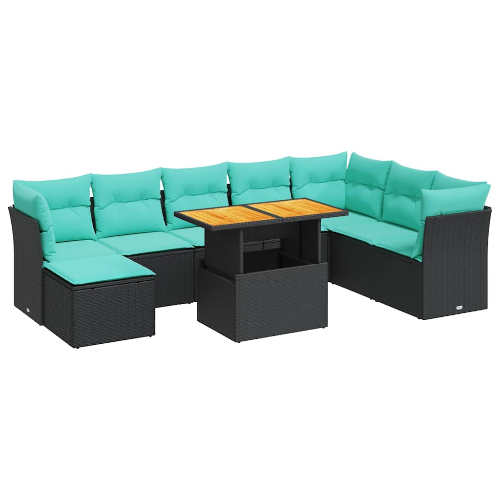 Salon de jardin 6 pcs avec coussins noir résine tressée