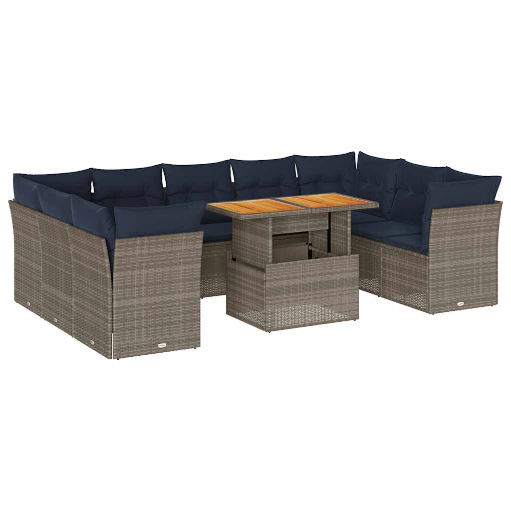 Salon de jardin avec coussins 10 pcs gris résine tressée