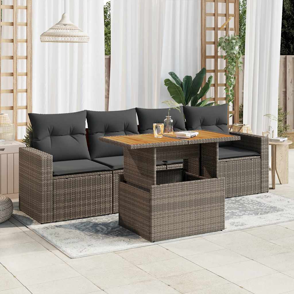 Salon de jardin 5 pcs avec coussins gris résine tressée