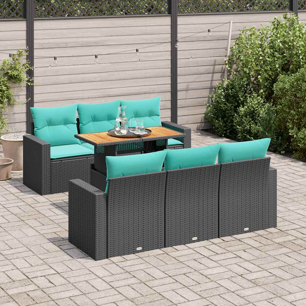 Salon de jardin 7 pcs avec coussins noir résine tressée