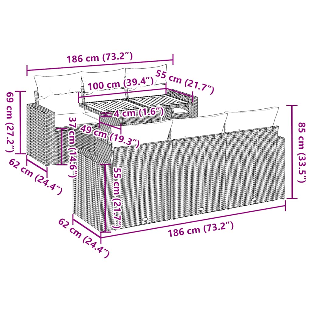 Salon de jardin avec coussins 7 pcs gris résine tressée