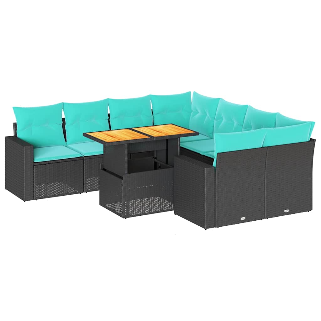 Salon de jardin 9 pcs avec coussins noir résine tressée