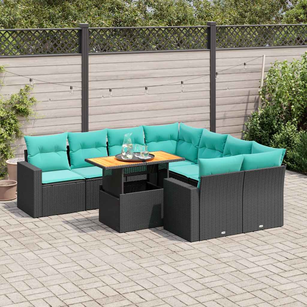 Salon de jardin 9 pcs avec coussins noir résine tressée