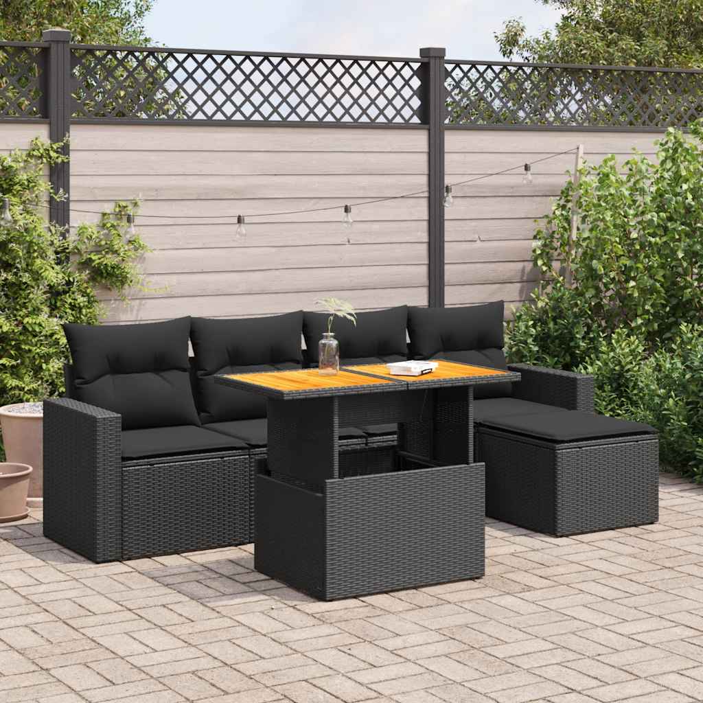 Salon de jardin 6 pcs avec coussins noir résine tressée