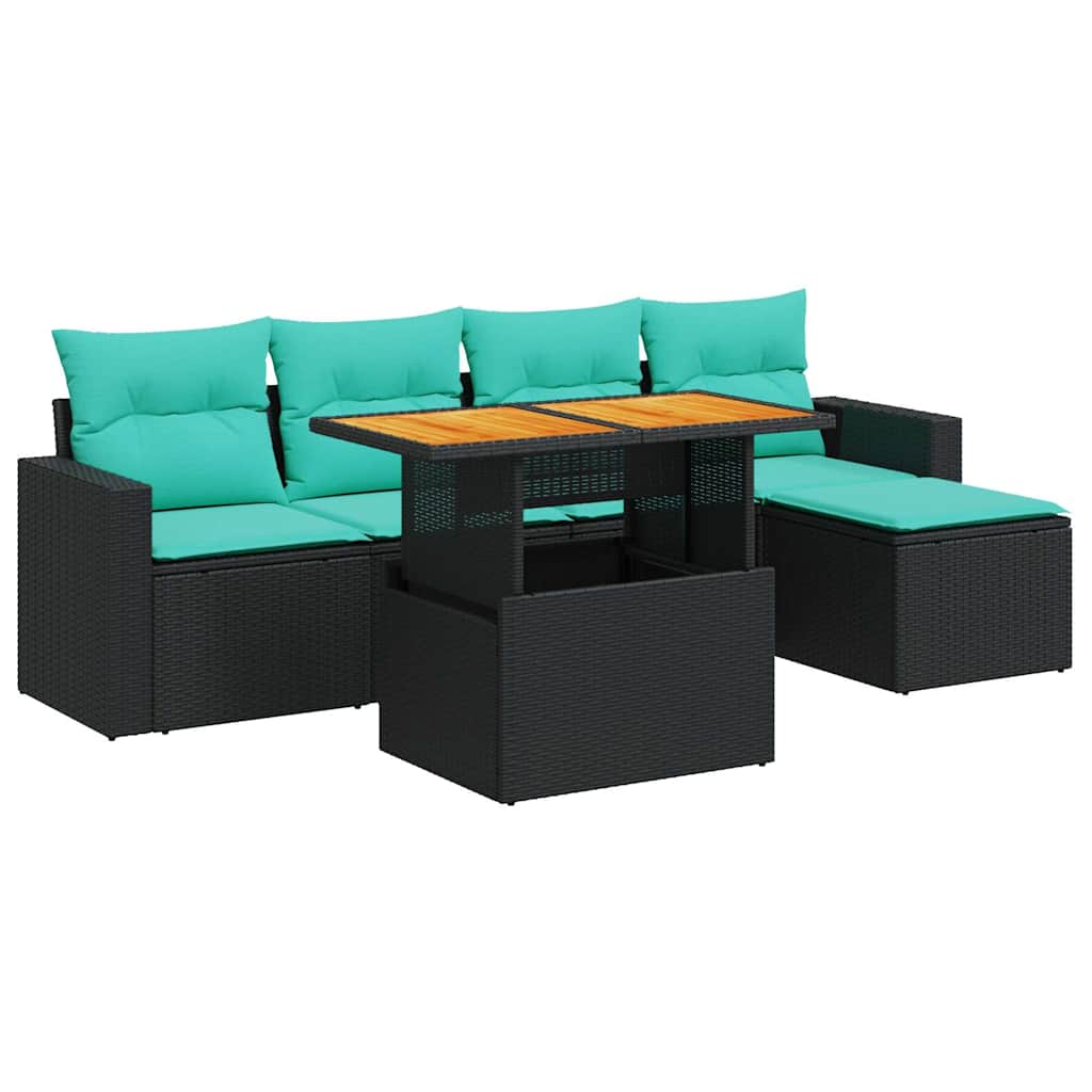 Salon de jardin 6 pcs avec coussins noir résine tressée