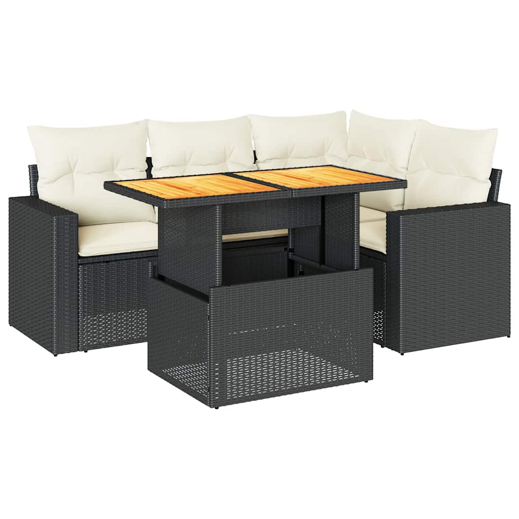 Salon de jardin 5 pcs avec coussins noir résine tressée