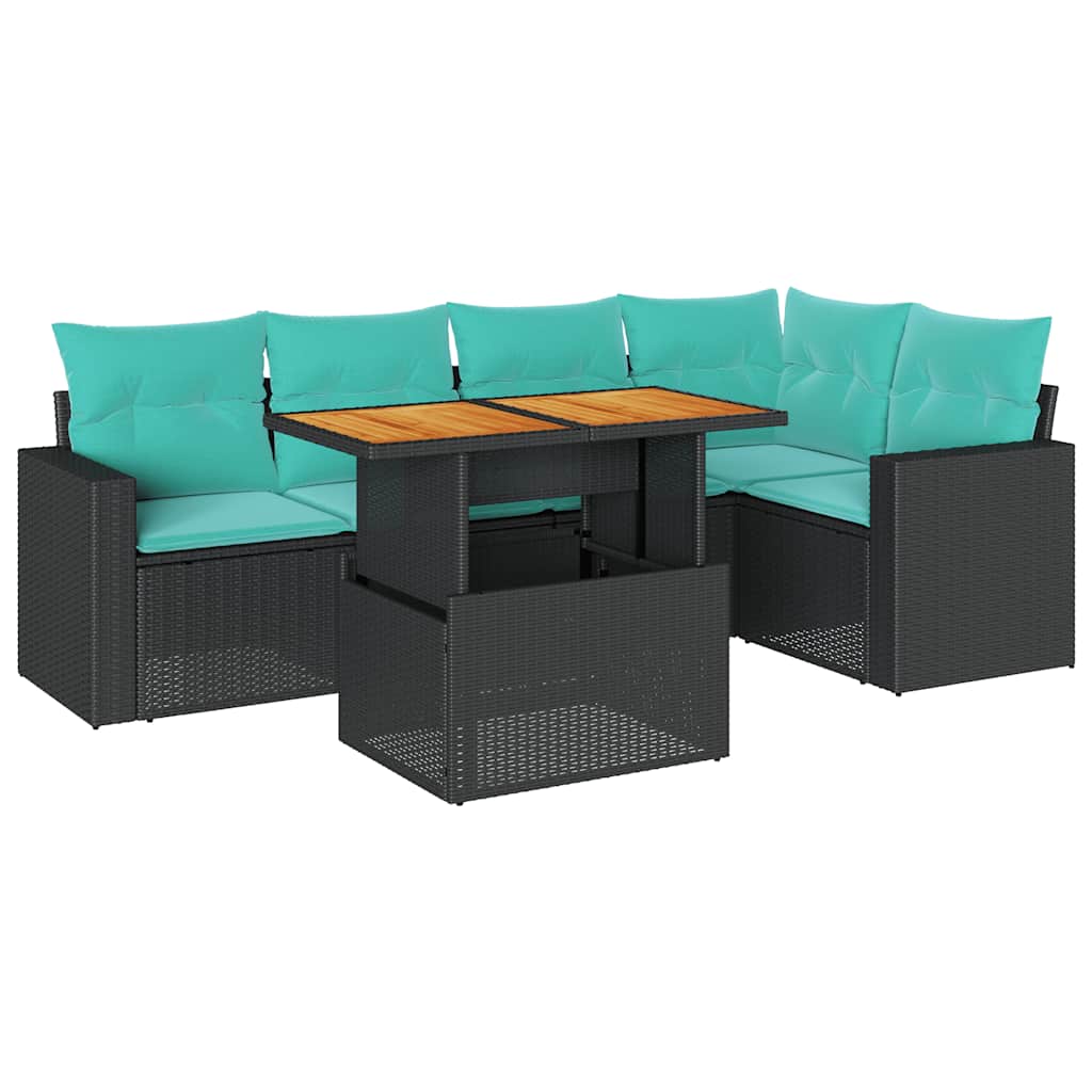 Salon de jardin 6 pcs avec coussins noir résine tressée