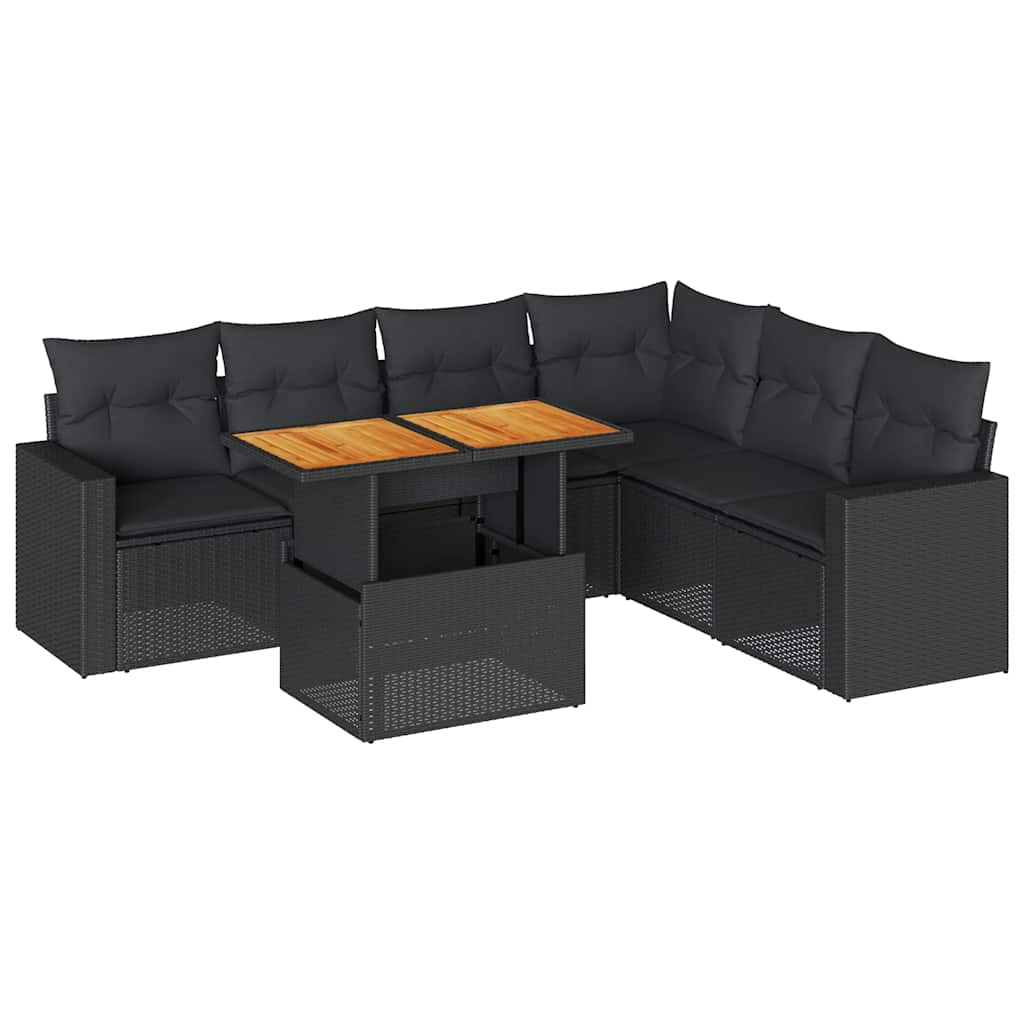 Salon de jardin 7 pcs avec coussins noir résine tressée