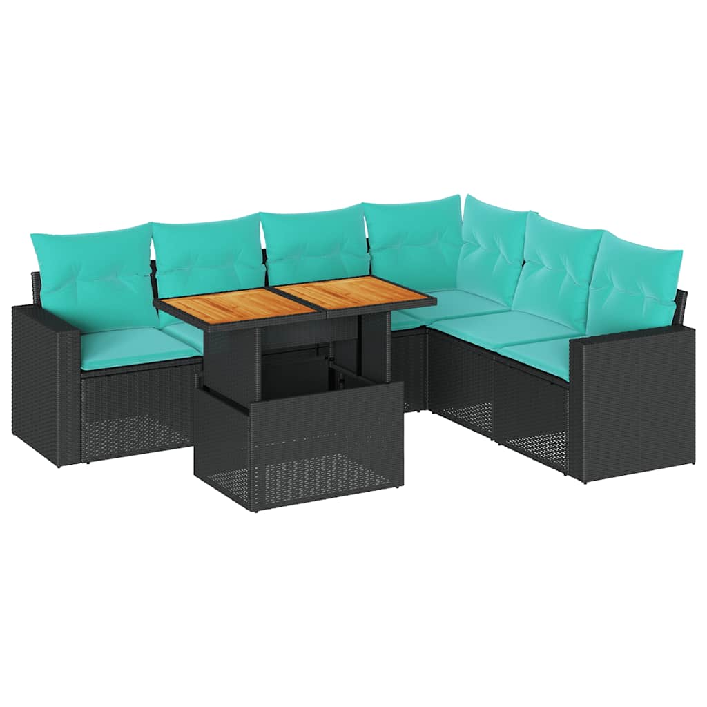 Salon de jardin 7 pcs avec coussins noir résine tressée