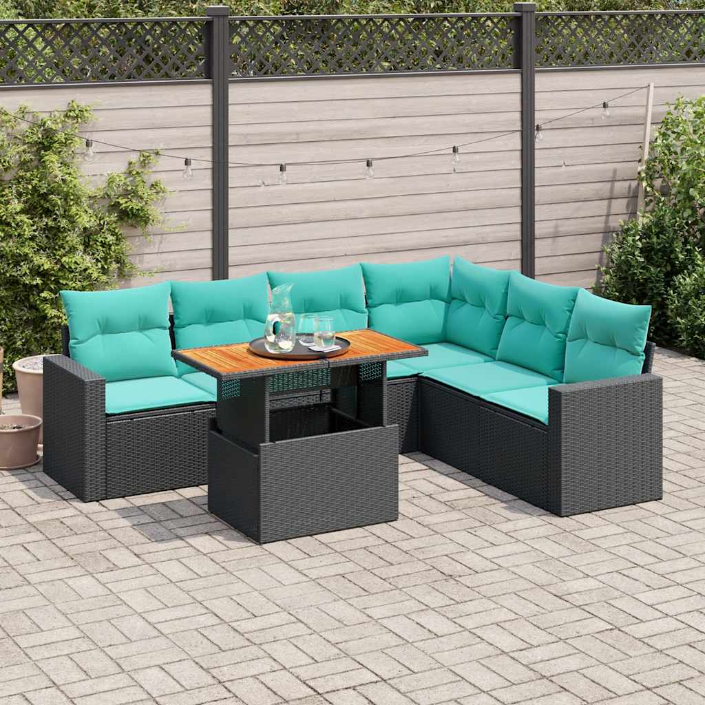 Salon de jardin 7 pcs avec coussins noir résine tressée