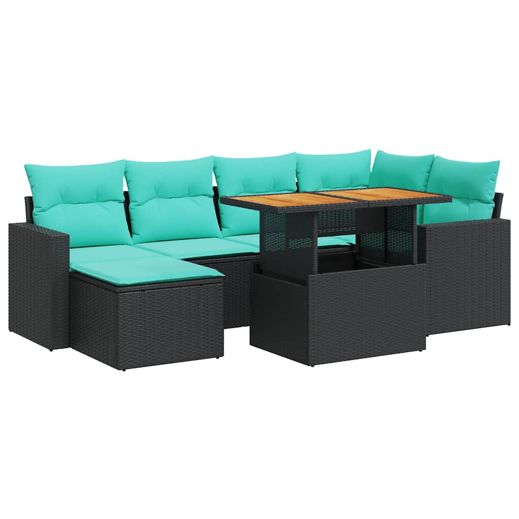 Salon de jardin 7 pcs avec coussins noir résine tressée