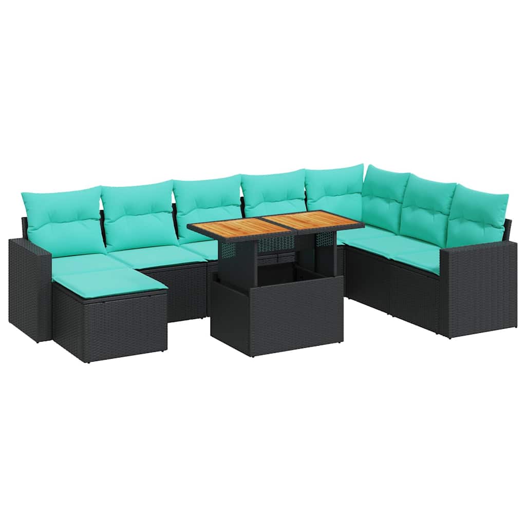 Salon de jardin 9 pcs avec coussins noir résine tressée