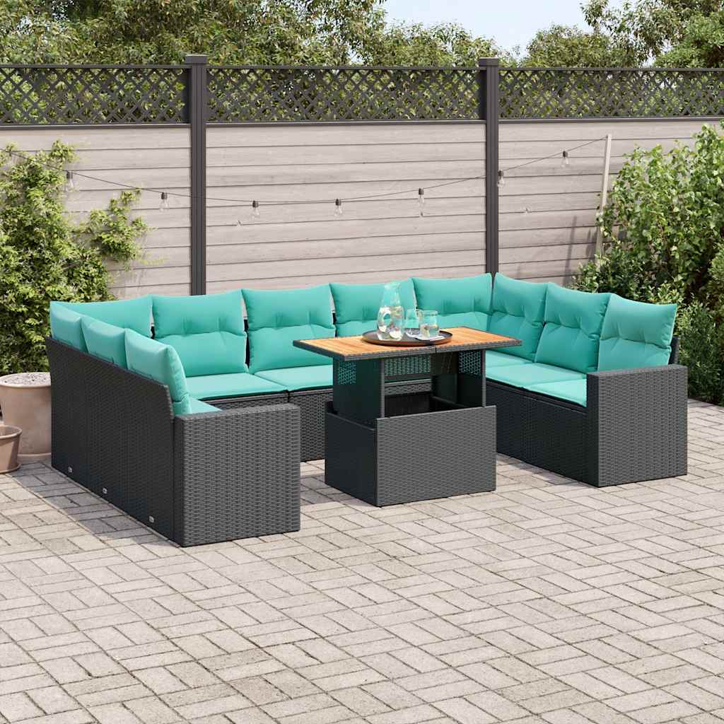 Salon de jardin 10 pcs avec coussins noir résine tressée