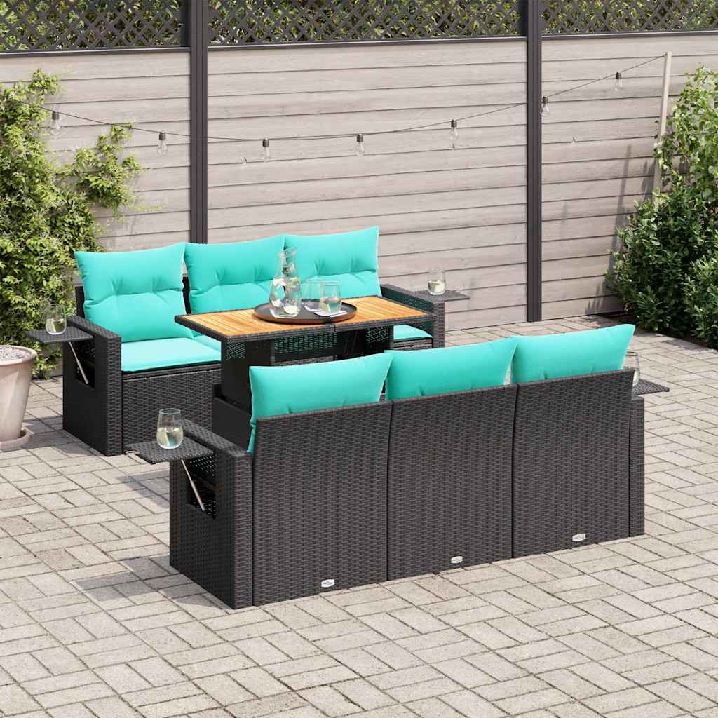 Salon de jardin 7 pcs avec coussins noir résine tressée