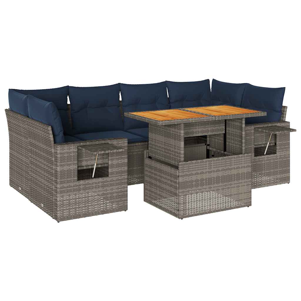 Salon de jardin avec coussins 7 pcs gris résine tressée