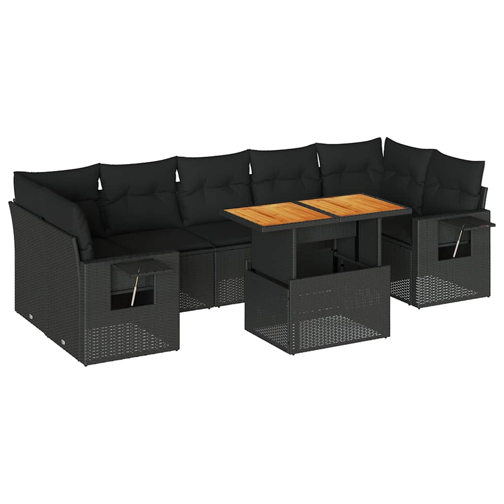 Salon de jardin 8 pcs avec coussins noir résine tressée