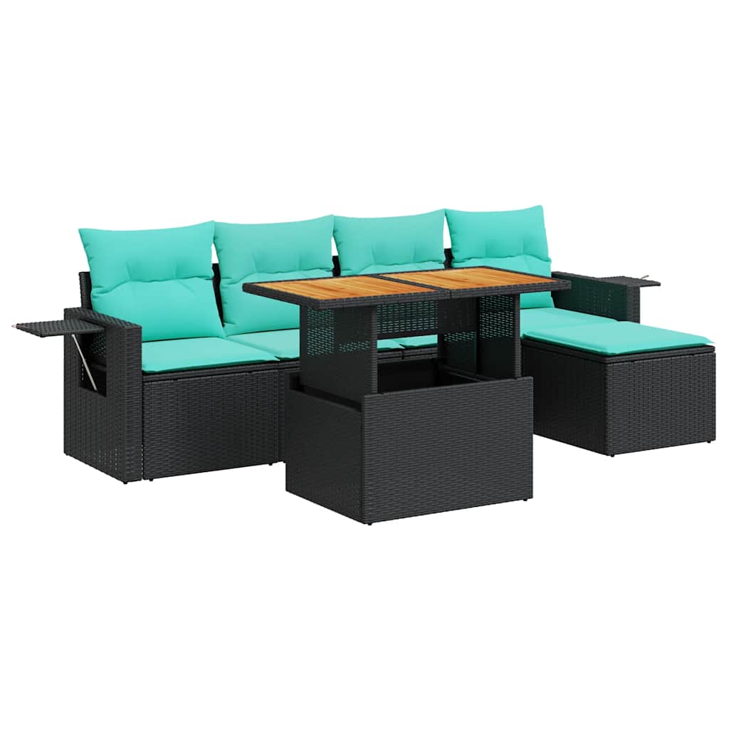Salon de jardin 6 pcs avec coussins noir résine tressée